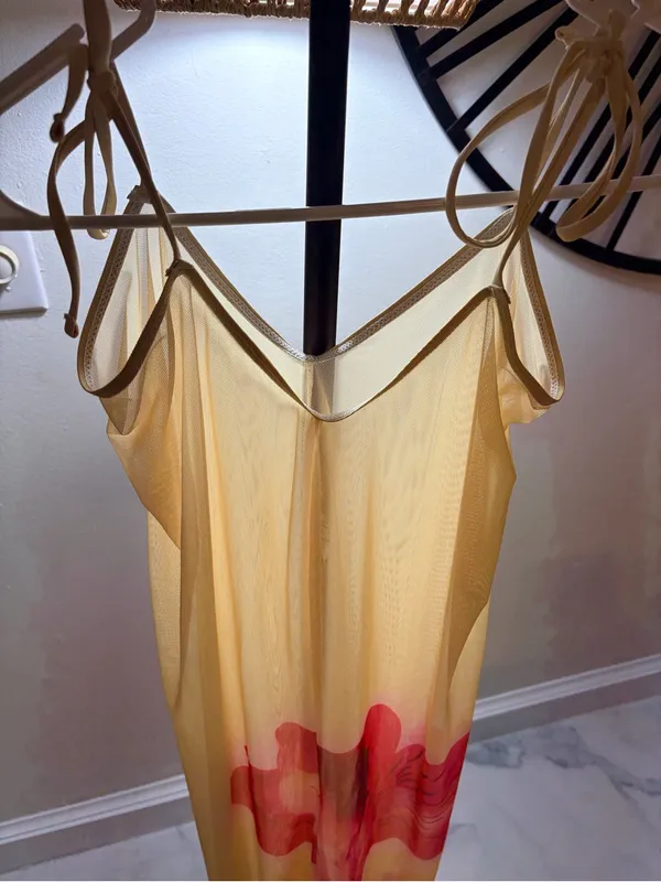 Sheer Cream Slip Dress with Red Hem Accent - Image 3