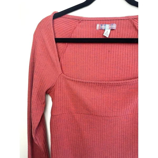 Urban Outfitters UO Ribbed Square Neck Long Sleeve Top Rust Red‎ Size Large - Image 3