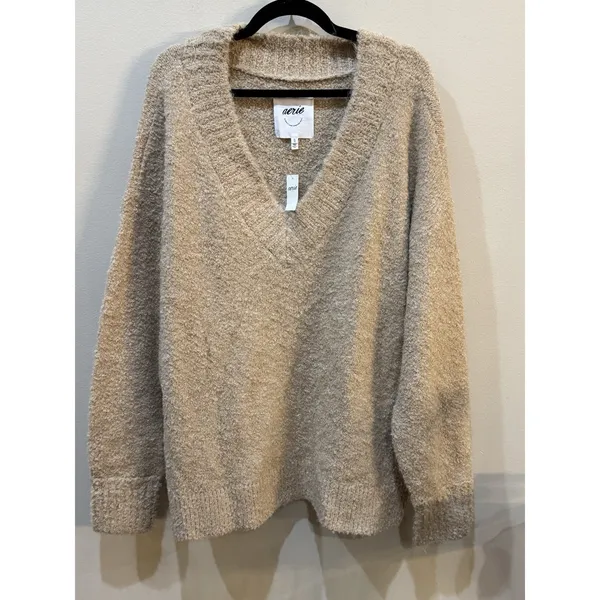 New Aerie Fuzzy Plush Teddy Oversized V-Neck Sweater Women's Size XL Tan Cozy - Image 2