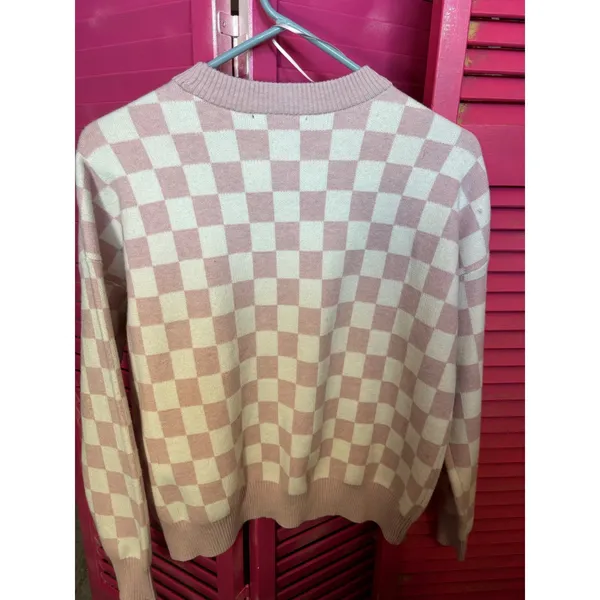 Tahari Pink Cream Checkered Crew Neck Long Sleeve Knit Sweater Pullover RN93178 - Image 4