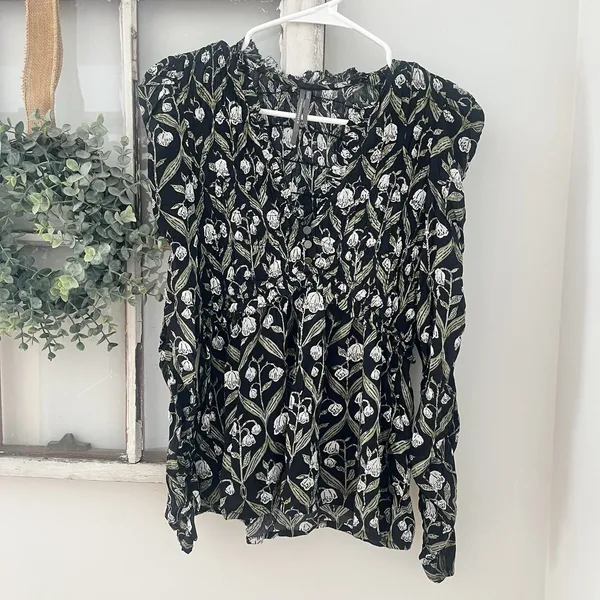 Anthropologie Floral Puff Shoulder Ruched-Sleeve V-Neck Top Women's Size XS‎ - Image 3