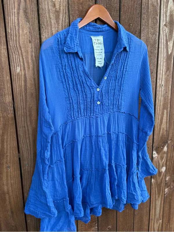 Free People One Boho Tiered Swing Gauzy Cotton Blouse - Image 3