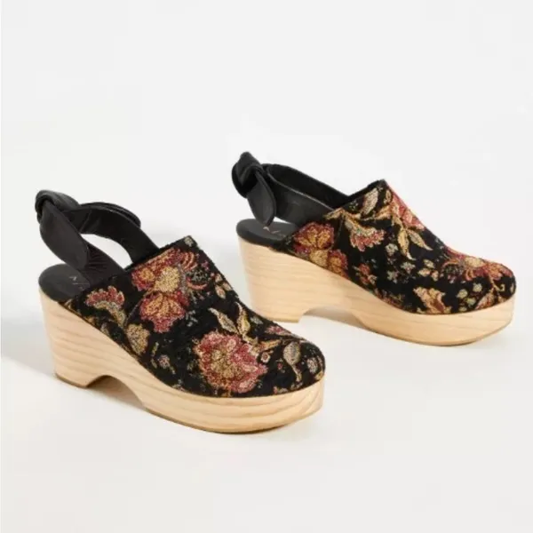 Anthropologie Floral Tapestry Wood Platform Clogs - Image 2