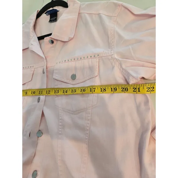 Las Olas Vintage Pink Denim Jacket Rhinestone Studded Y2K Jean Coat Women Size L - Image 8