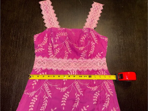 Donna Morgan Pink Embroidered Lace-Trim Midi Boho Feminine Romantic Dress - Image 5