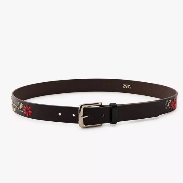 Zara Womens Brown Leather Embroidered Floral Belt Gold Buckle‎ Festival Hippie - Image 6