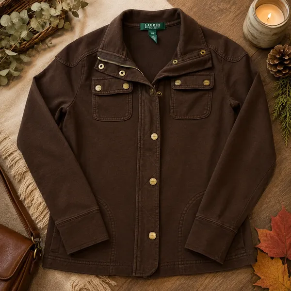 Lauren Ralph Lauren Petite Brown Cotton Utility Jacket Full Zip Snap Small P/P - Image 2