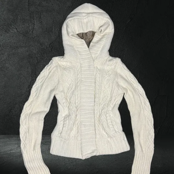 Vtg Y2k American‎ Eagle Cream Cableknit Hooded Sherpa Lined Zip Up Jacket Size M - Image 2
