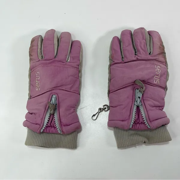 Vintage Serus Winter Ski Snow Mittens Gloves Cowhide Leather Grey Pink Women M - Image 2