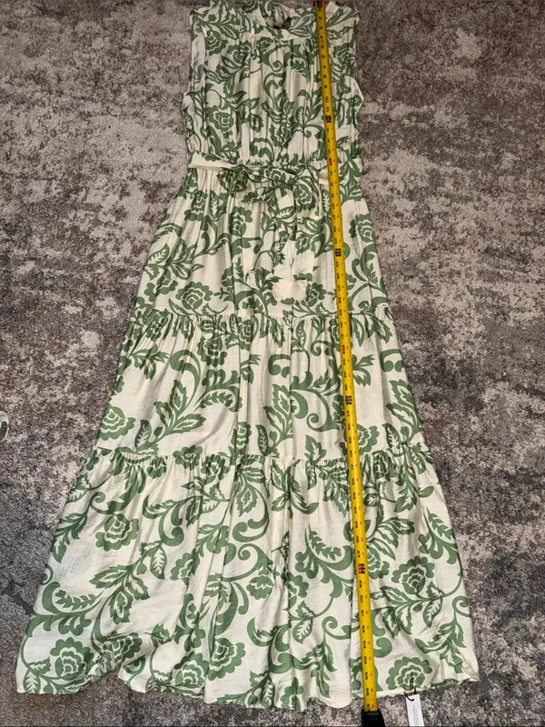 Sleeveless Cream Maxi Dress with Green Floral Print and Waist Tie - Image 12