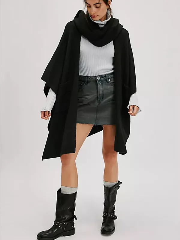 Free People Black Open-Front Knit Poncho with Pockets and Scarf ONE SIZE - Image 11