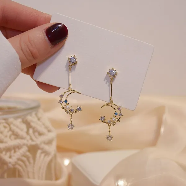 Elegant CZ Moon Dangle Drop Earrings for Women - Image 2