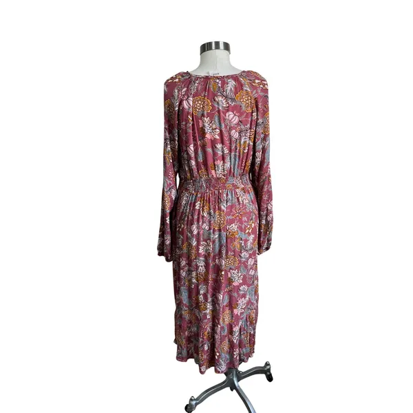 Knox Rose Boho Floral Smocked Maxi Dress‎ Pink Long Sleeve Peasant Size M - Image 4