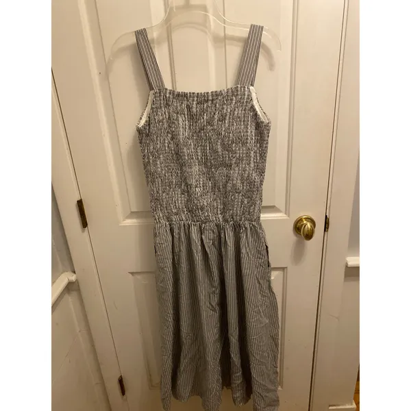 OGL Move Stripe Square Neck Smocked Midi Bra Dress Gray White Size L NWOT - Image 5