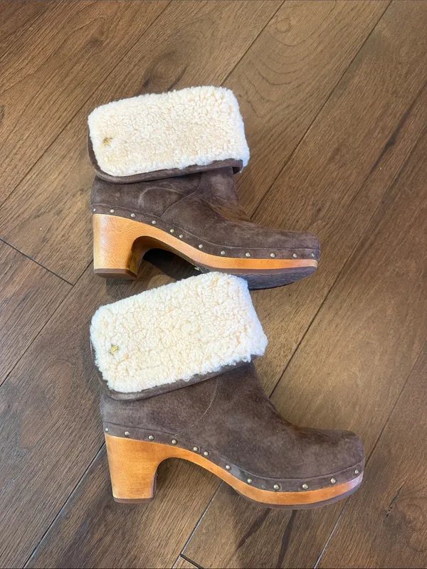 UGG UGG Lynnea Brown Suede Shearling Cuff Heeled Ankle Boots Size 8 - C54-101 - Image 5