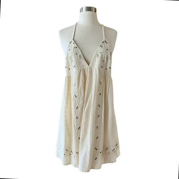ZARA Mini Dress with Studs Sleeveless V-Neck Braided Straps Ecru White XL NWT - Image 3