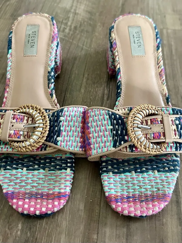 Steve Madden New York Blythe Sandal W/Buckle, Raffia Colorful Pattern Size 10 - Image 6