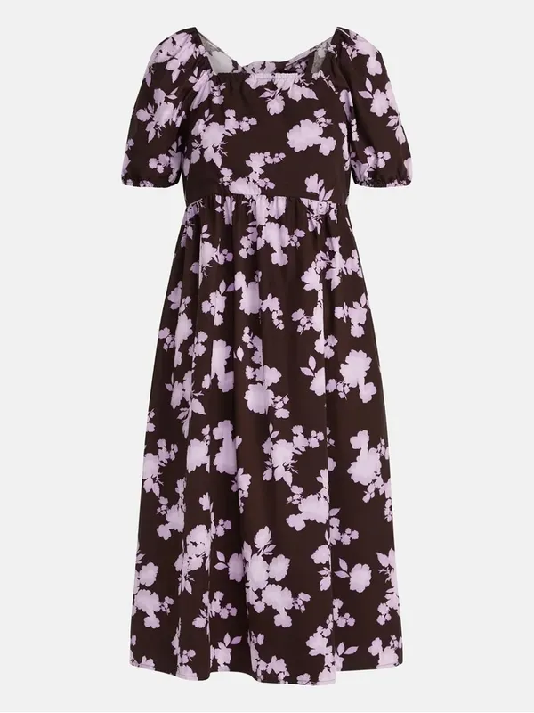 Time and Tru Floral Cotton Back Tie Midi Dress with Short Puff Sleeves - Image 2