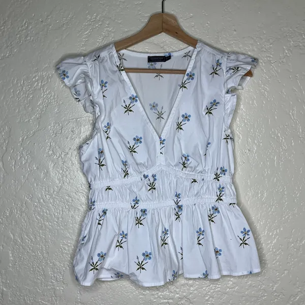 Vineyard Vines Marina Poplin Flutter-Sleeve Top White Blue Floral 2W001843 Small - Image 2