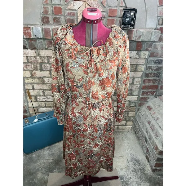 shirtwaist dress 1980s sheer ruffle collar sz 14 rust tan - Image 4
