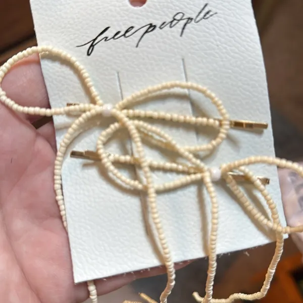 NWT Free People Cream Beaded Bow Gold Hair Clips Set Boho Coquette - Image 5