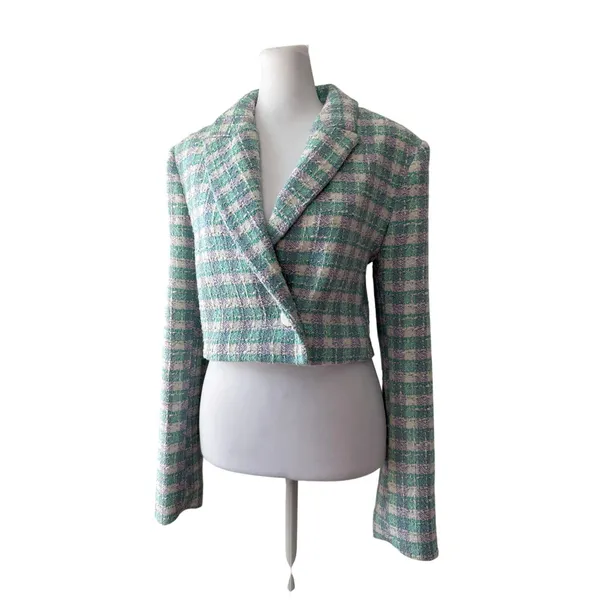 Zara Sea Green, Lavender & White Textured Cropped Single Breasted Blazer - Image 2