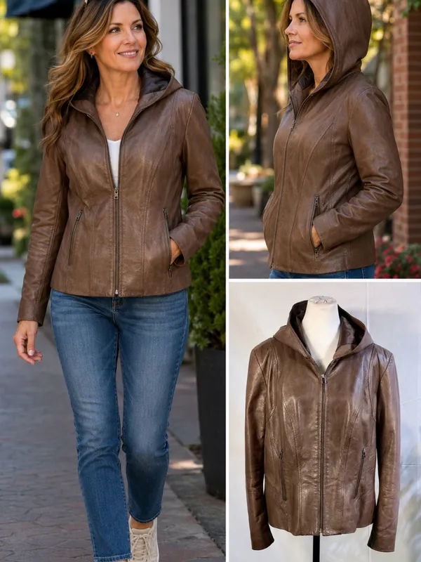 💥Danier Genuine Leather Hooded Moto Zip Up Jacket Brown Quilted Lining Sz L❤️ - Image 2