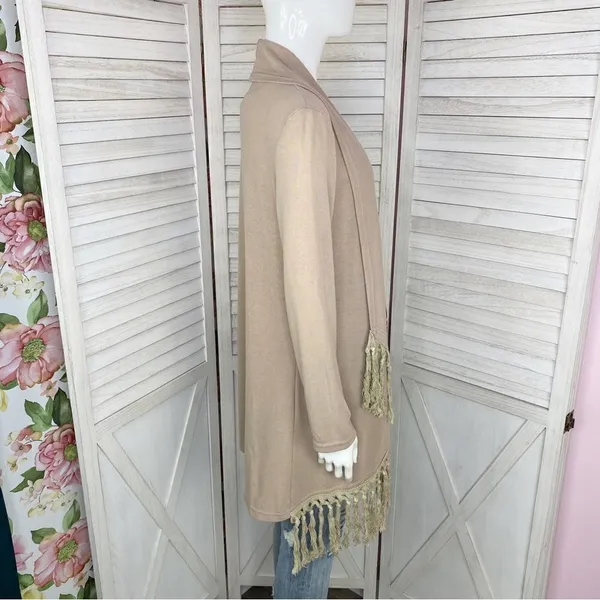 Boho‎ Fringe Hem Waterfall Cardigan Knit Khaki Tan Small Open Front Long Sleeve - Image 3