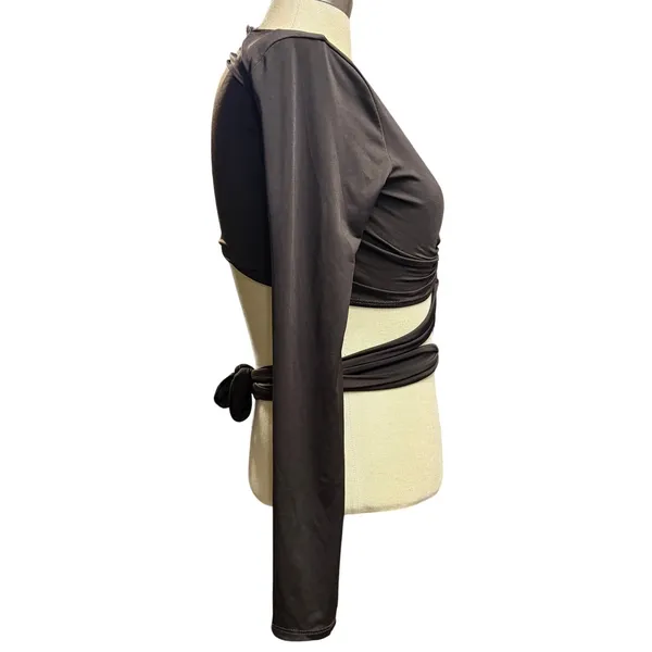 Top Chic L Long Sleeve O-Ring Wrap Crop Top Brown Y2K Clubwear‎ Night Out - Image 3