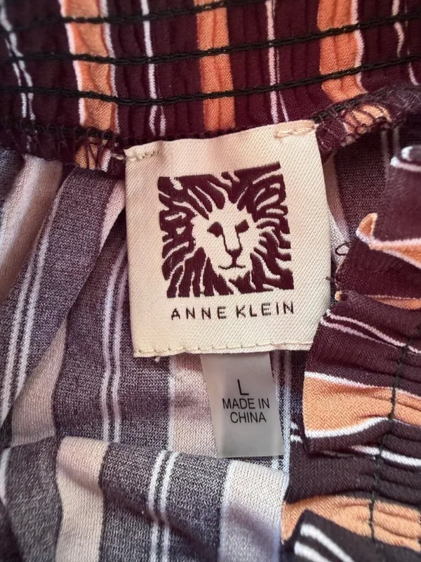 Anne Klein Striped Long Sleeve Top Large Black Tan White Elastic Neckline - Image 3