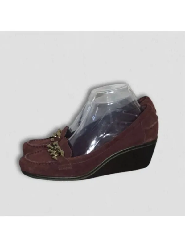 Arturo Chiang Driving Wedge Loafers Suede Leather Chain Detail Burgundy sz US 8 - Image 2
