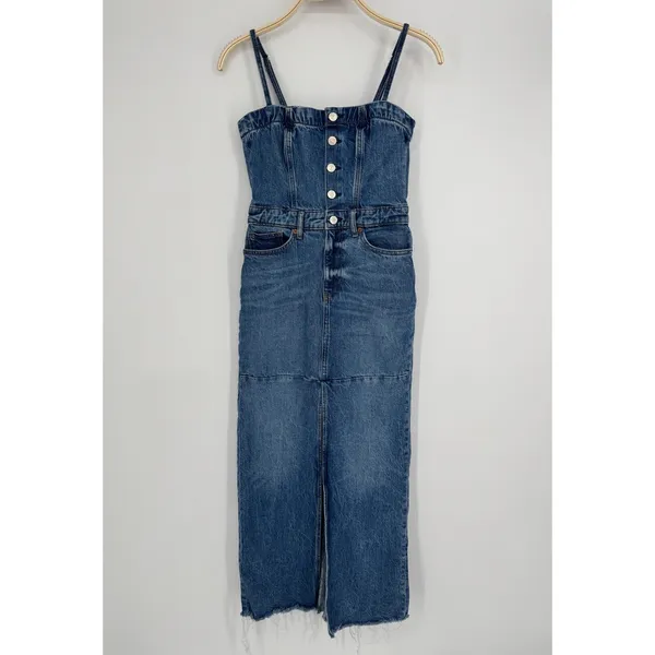 Reformation Tazz Maxi Denim Dress 0 Blue Button Front Slit Spaghetti Strap‎ Raw - Image 4