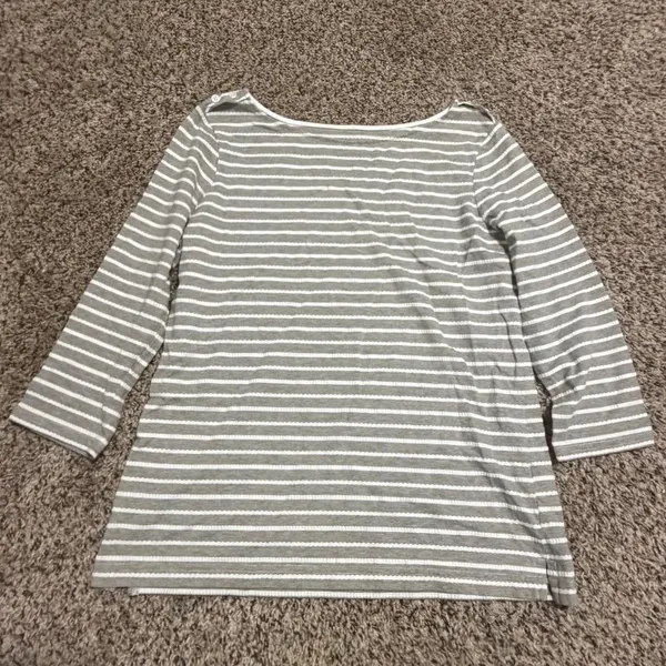 Croft & Barrow Womens Grey White Striped Boat Neck 3/4 Sleeve Button Top Medium - Image 2