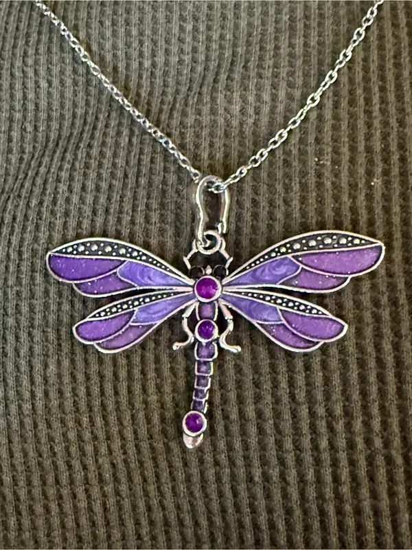 Silver-Tone Purple Dragonfly Pendant Necklace - Women Jewelry - Image 2