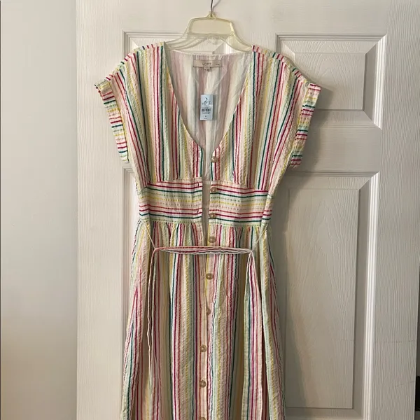 LOFT Colorful Striped Midi Summer Dress bottoms down size 8P brand new - Image 2