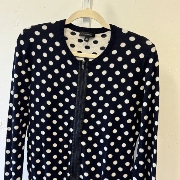 Ann Taylor Navy White Polka Dot Zip Front Cardigan Sweater Cashmere Blend Medium - Image 3