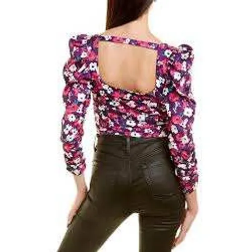 For Love‎ & Lemons Penny Purple Floral Ruched Puff Sleeve Crop Top Small Revolve - Image 2