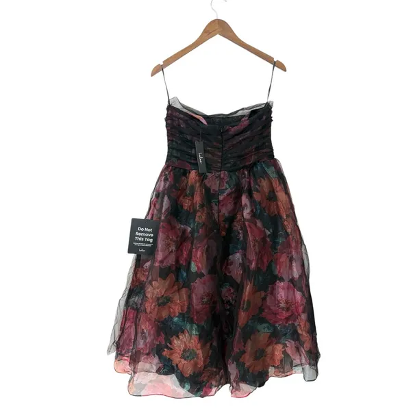 Lulus Splendidly Yours Black Floral Organza Mesh Strapless Midi Dress size L NWT - Image 4