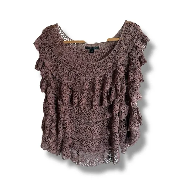Boston Proper Brown Bell Sleeve‎ Ruffled Crochet Tiered Sweater Top XS/S - Image 2