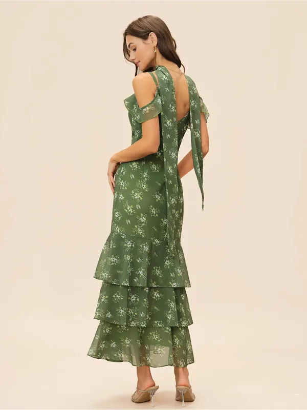 Rihoas Green Floral Ruffled Cold-Shoulder Maxi Dress - Image 9