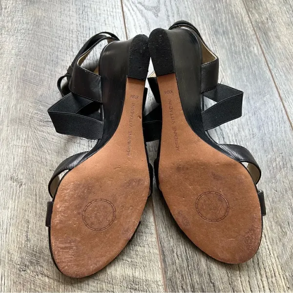 ADRIENNE VITTADINI Rheanne Black Wedge Strappy Sandals Size 8.5 Fine Leather - Image 6