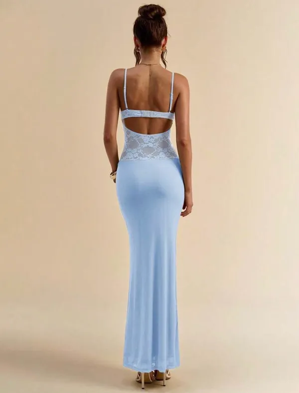 SHEIN Baby Blue Lace Mesh Cowl Neck Draped Maxi Dress - Image 7