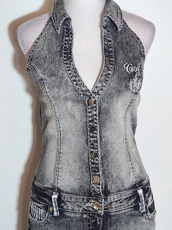 Coogi Black-Gray Distressed Denim Halter Jumpsuit Shorts Size 5/6 - Image 3