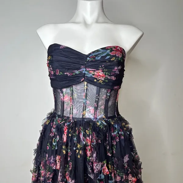 Dressalisa Maxi Gown Womens S Navy Gently Used Floral‎ Corset Tiered Ruffle Mesh - Image 3