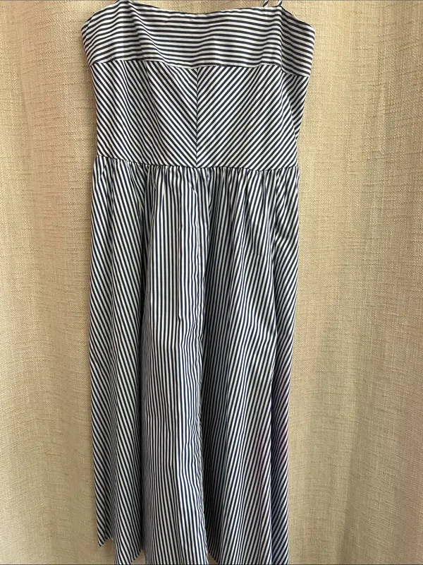 Navy White Striped Midi Dress Spaghetti Strap Size L - Image 6