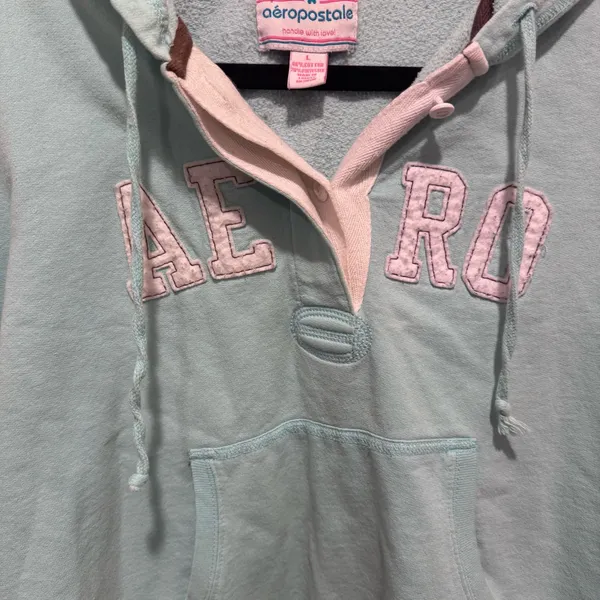 Aeropostale Women's Light Blue V-Neck "AERO" Appliqué Pullover Hoodie Sweatshirt - Image 3