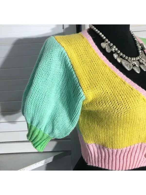 Y2K cropped knit top color block feminine coquette fairy boho cute-goth festival - Image 6