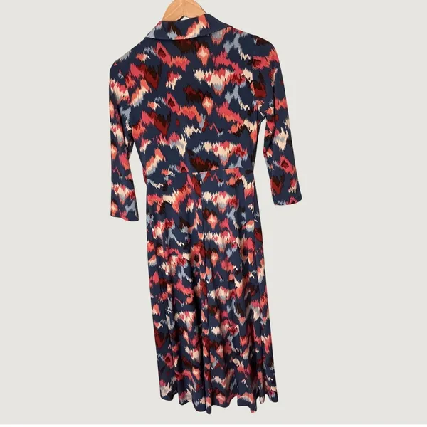 Kaileigh Navy Blue Coral Abstract Ikat Print Midi Wrap Dress 3/4 Sleeve Small - Image 7