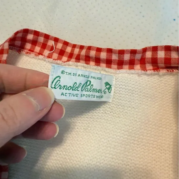 Vintage 60s 70s Arnold Palmer White Cardigan Sweater w/ Red Gingham Trim preppy - Image 9