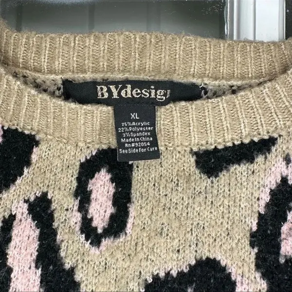 By Design Leopard Print Ivory Rose Knit Crewneck Pullover Sweater - Image 5